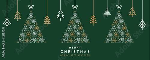 christmas greeting card with hanging snowflake fir tree decoration vector illustration