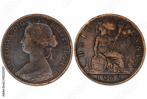 Closeup of an 1862 British half penny coin featuring Queen Victoria and Britannia