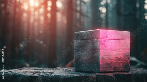 A mystical wooden box emitting a soft glow set on a forest backdrop, capturing the essence of enchantment, mystery, and a sense of hidden secrets.