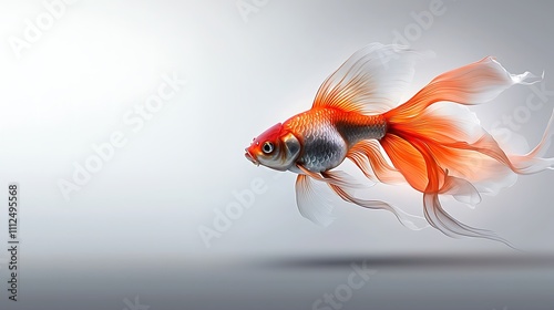 A brilliant goldfish with flowing fins, gracefully swimming, the light reflecting off its scales against a simple white background. Ultra-Realistic, Photo Realistic, highly detailed, 