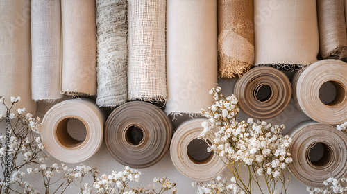 rollos de tela elegantes y finos de alta calidad en colores claros para la fabricacion en la industria estilo y modernidad con flores decorativas 