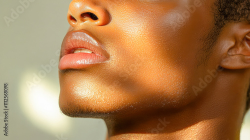 Close-up of young black man's face with sunlight highlighting skin texture