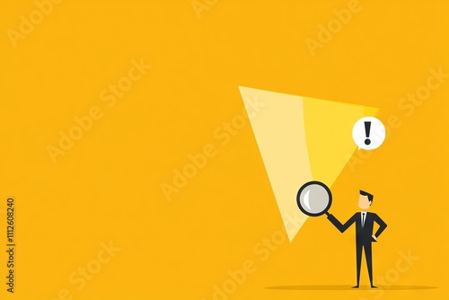 A businessman using a magnifier to monitor and investigate incidents, emphasizing incident management, root cause analysis, identifying risks or critical failures, accompanied by an exclamation