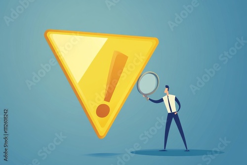 A businessman inspects incidents with a magnifier, concentrating on incident management, root cause analysis, identifying risks or critical failures, marked by an exclamation attention sign.