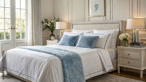 A luxurious, bright bedroom featuring a white bed with blue pillows and a soft throw blanket. Elegant bedside tables, lamps, and a floral arrangement complete the serene ambiance.