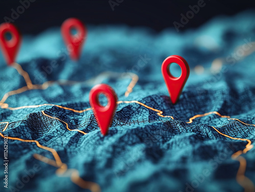 detailed 3D map featuring red location pins on textured surface, showcasing geographical features and pathways. vibrant colors create engaging visual experience