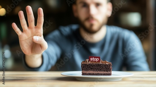 A man sits at a wooden table in a cafe, holding his hand up in a gesture to stop, as he looks at a slice of cake on a plate in front of him, showcasing a moment of self-restraint.