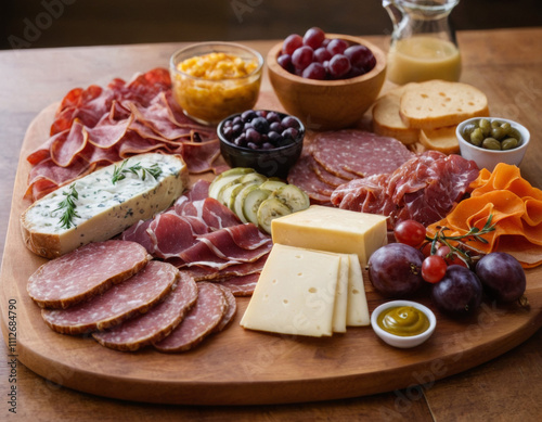 Charcuterie board with spread of meats, cheeses, and accompaniments on table