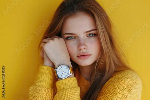 A close-up shot of a woman's wrist with a watch on it, providing a clear view of the timepiece and its details