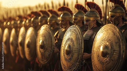 A line of Roman soldiers in formation with their shields held high, ready for battle.