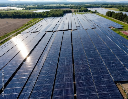 Aerial View of Extensive Solar Panel Farm 