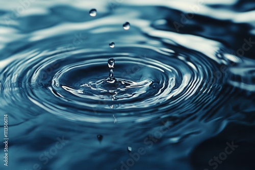 Water droplet falling, creating concentric ripples on a calm blue surface.