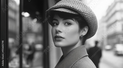 Monochrome portrait of a stylish woman wearing a newsboy cap, looking over her shoulder.