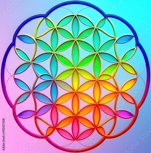 Flower of Life 3D Geometric Imagery With Rainbow Abstract Colored Background 