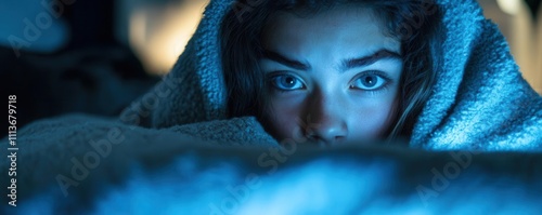 A teen wrapped in a blanket stares at the dim blue glow of a nightlight, their face revealing unease and restless thought