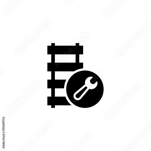 Black vector icon of a rail track and wrench, symbolizing railway maintenance.