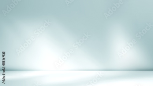 Shadow and light from windows on plaster wall. Minimal abstract light blue background for product presentation.