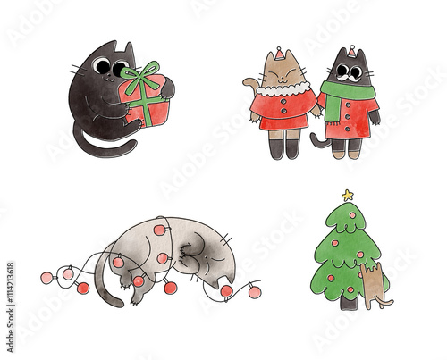 Cute cat drawing for christmas cards or kids coloring in isolated transparent background