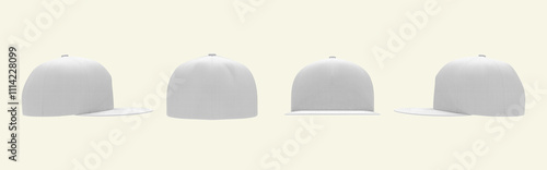 Collage of white trucker cap 3D renders displayed from four angles. Features realistic fleece texture and flat visor, perfect for advertising branding apparel showcases. Stylish customizable design