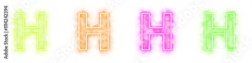 Set of 4 letter H with fire and smoke effects isolated on a transparent background. Transparent elements for graphic design.