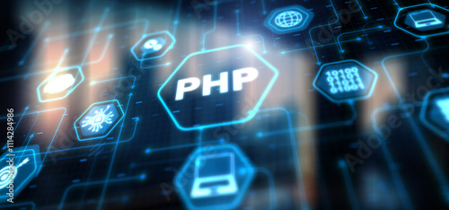 Technical background PHP inscription. Network internet concept