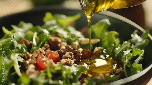 A close-up of a healthy salad with vibrant greens, nuts, seeds, and a drizzle of heart-healthy olive oil dressing 