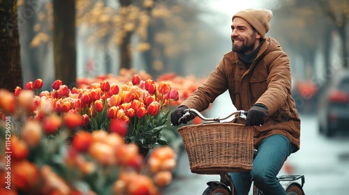 A happy man on a bicycle with an empty basket has come to the market for a bouquet of fresh flowers