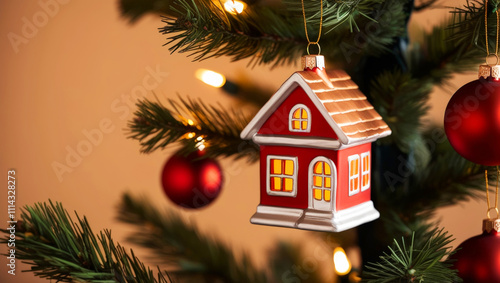 Close-up of a painted house ornament hanging on a Christmas tree branch in warm tones