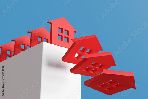 Queue of red houses jumping off a cliff under blue sky. 3D illustration of the concept of falling house prices and housing problems