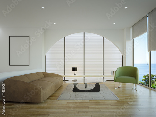 Sofa on wooden floor of living room in modern house. Minimal home interior 3d rendering with white wall.