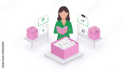 Woman in Green Holding Book Surrounded by Gift Boxes and Digital Icons Representing E-commerce and Online Shopping Concepts