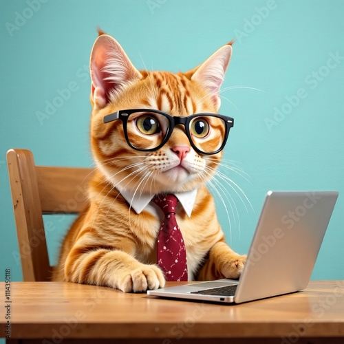 A ginger cat in glasses and a tie sits at a wooden table, there is a laptop on the table, the background is soft blue