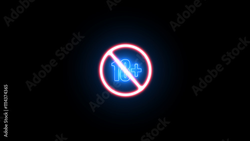 Glowing neon effect 18+ not allowed icon background. neon no under 18 sign icon.