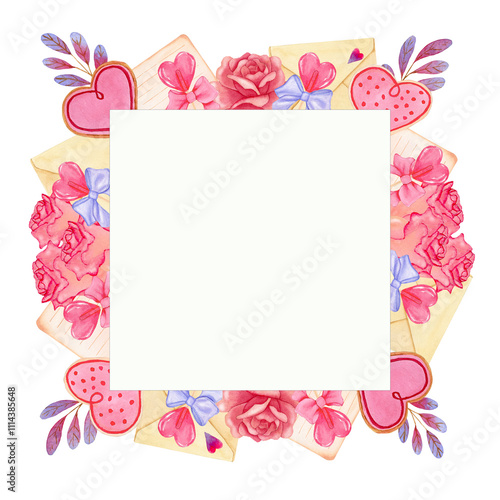 Watercolor frame with pink rose, heart-shaped cookies, pink and violet brunches and bows