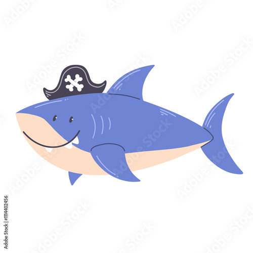 Cute pirate shark character isolated on a white background.