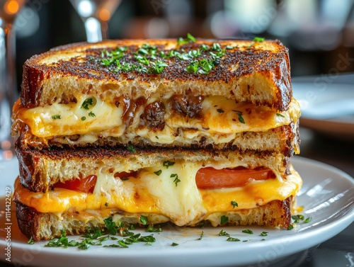 Gourmet Grilled Cheese Sandwich Melted Cheese Tomato Onion