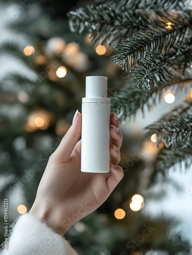 Una mano sujetando un bote o producto de cuidado con frente a un árbol de navidad