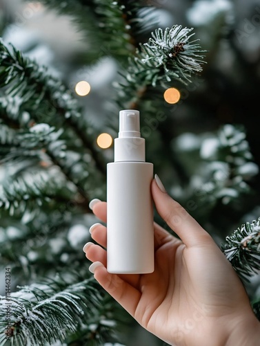 Una mano sujetando un bote o producto de cuidado con frente a un árbol de navidad