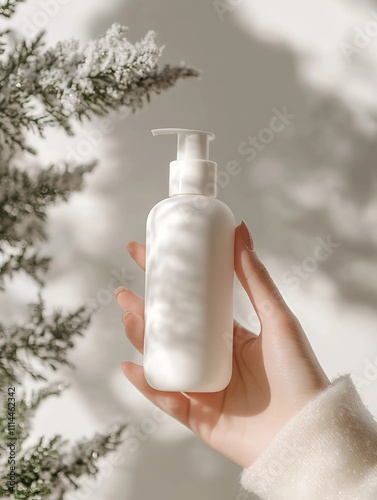 Una mano sujetando un bote o producto de cuidado con frente a un árbol de navidad