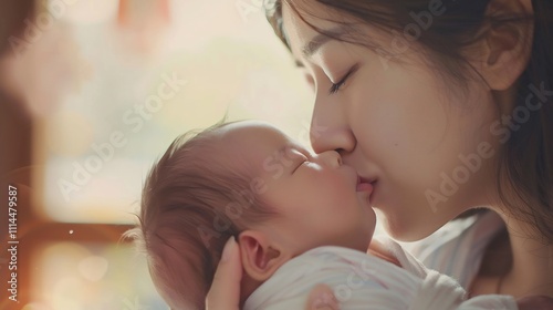 Tender Motherly Love: A Kiss from Mom to Newborn