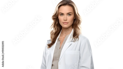 A professional and confident female doctor, warm and approachable, ready to provide health care, wearing a white lab coat.