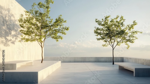 A modern, minimalist urban park with sleek benches and perfectly placed trees, located on top an old commercial building thata??s slowly being consumed by nature.