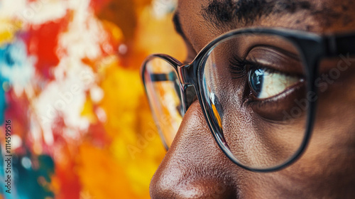 Detailed shot of a person's eyes deeply focused on a work of abstract art.