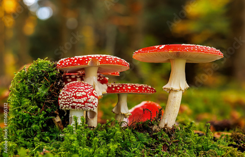 red fly mushrooms in the forest