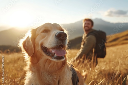 A joyful golden retriever and a man with a backpack savor a hike in the mountains, accompanied by the warm glow of a tranquil sunset, symbolizing companionship.