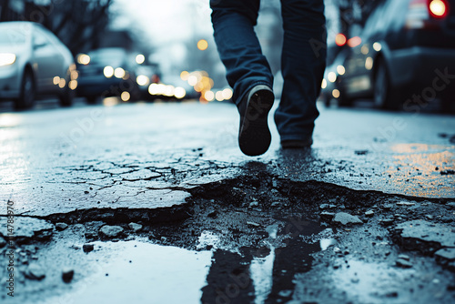 A pedestrian carefully steps around a pothole on a wet, cracked road, highlighting urban infrastructure challenges and safety.