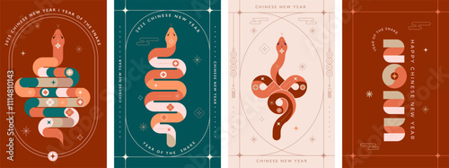 Chinese new year 2025 year of the Snake. Red Snake illustrations, vertical design, cards, banners. Traditional Chinese vector designs with snakes. Lunar new year concept, geometric modern design