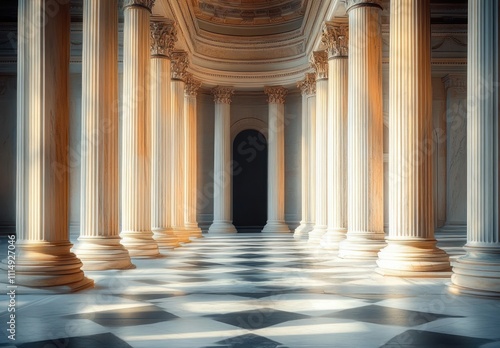 Ancient Greek Columns Neoclassical Architecture Serene Interior Design with Marble Flooring and Soft Daylight