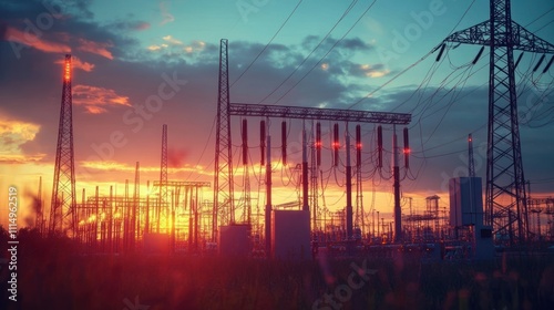 High Voltage Electric Power Substation with Transformers and High-Efficiency Equipment at Sunset