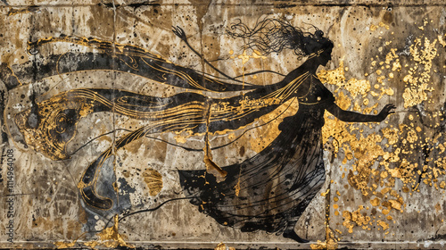 Ethereal black silhouette of a greek goddess figure dancing against a moody, golden flecked backdrop. Beautiful ancient textured decoration for a wallpaper